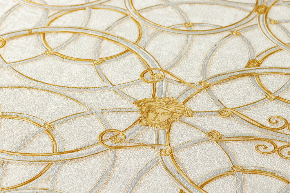             VERSACE Home behang cirkelpatroon en Medusa - goud, crème, wit
        