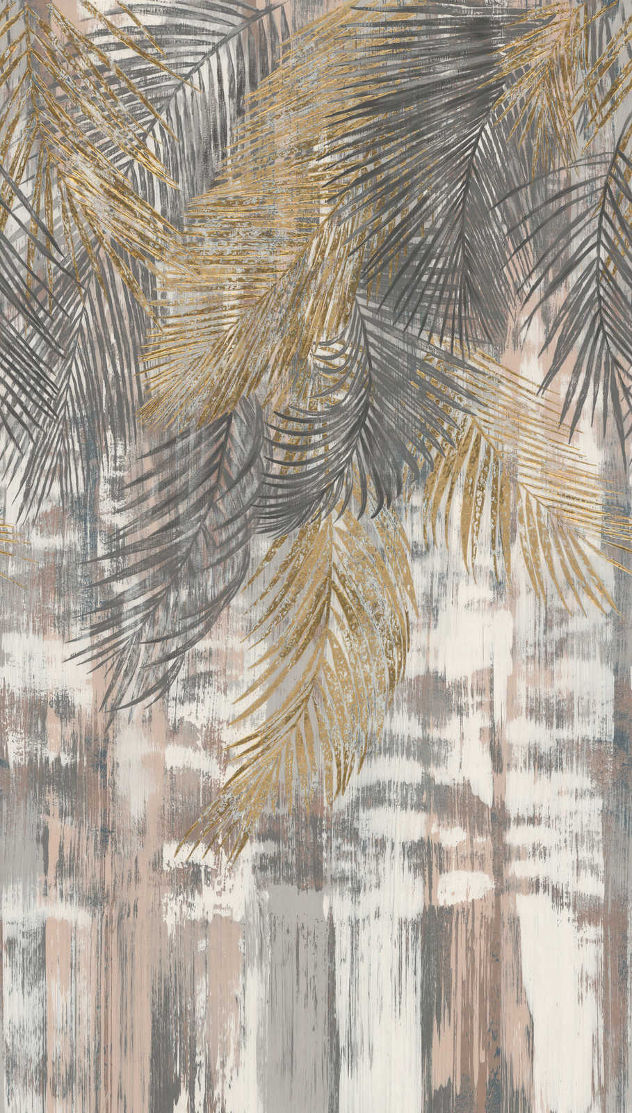             Papel pintado no tejido grandes hojas de palmera en aspecto usado - gris, amarillo, beige
        