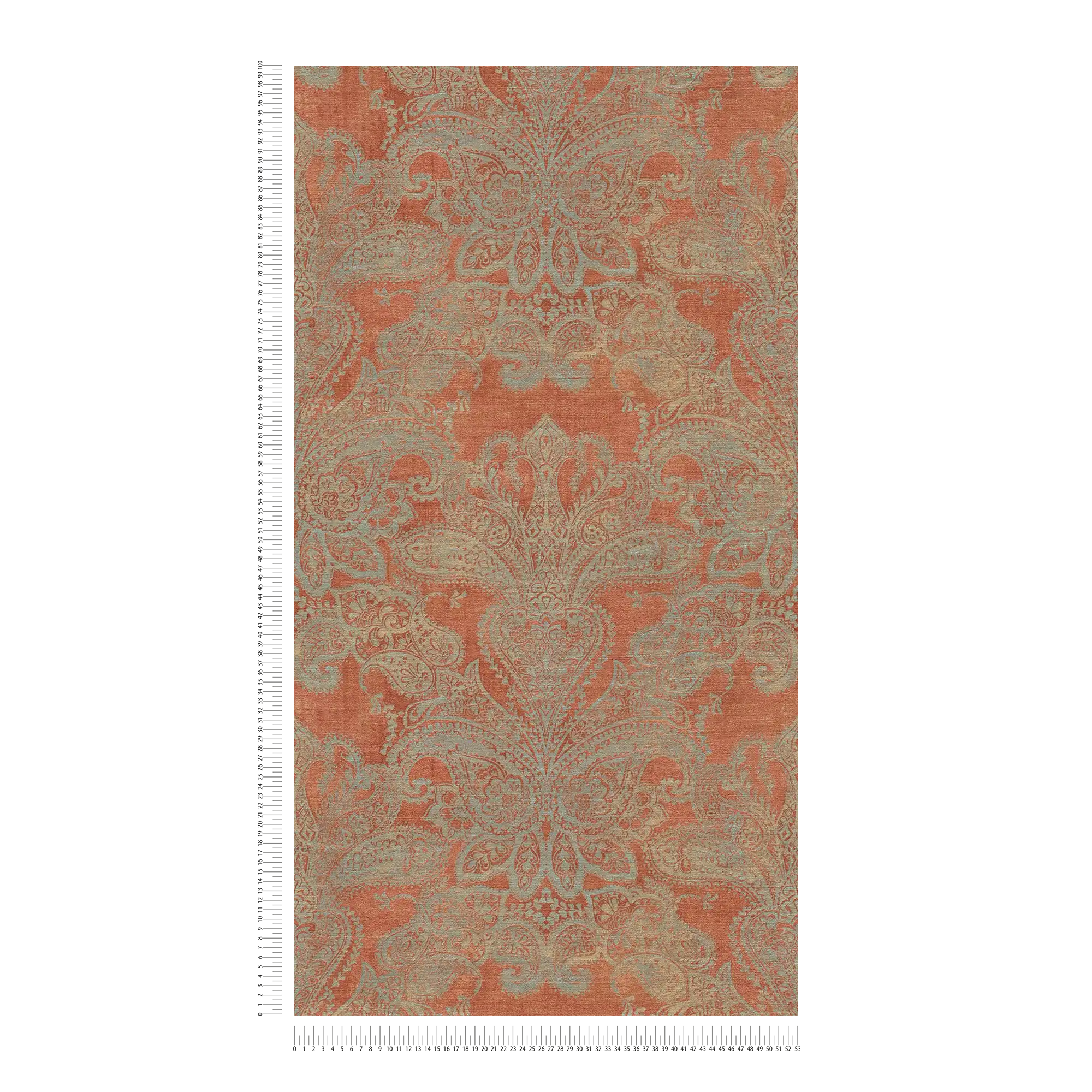             Papier peint intissé de style baroque avec ornements - orange, turquoise, gris
        
