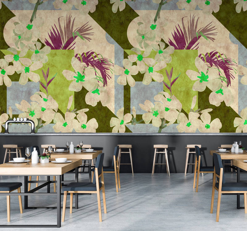            Vintage bloom - Graphic wallpaper floral vintage decor- blotting paper structure - Beige, Blue | Matt smooth fleece
        