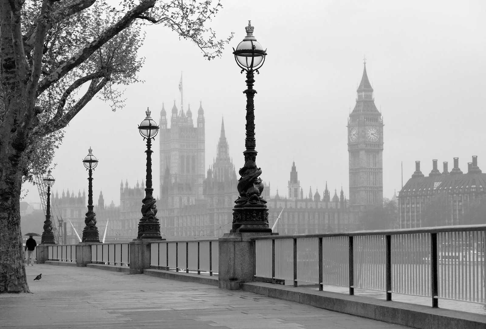         Photo wallpaper London in the fog - black, white, grey
    