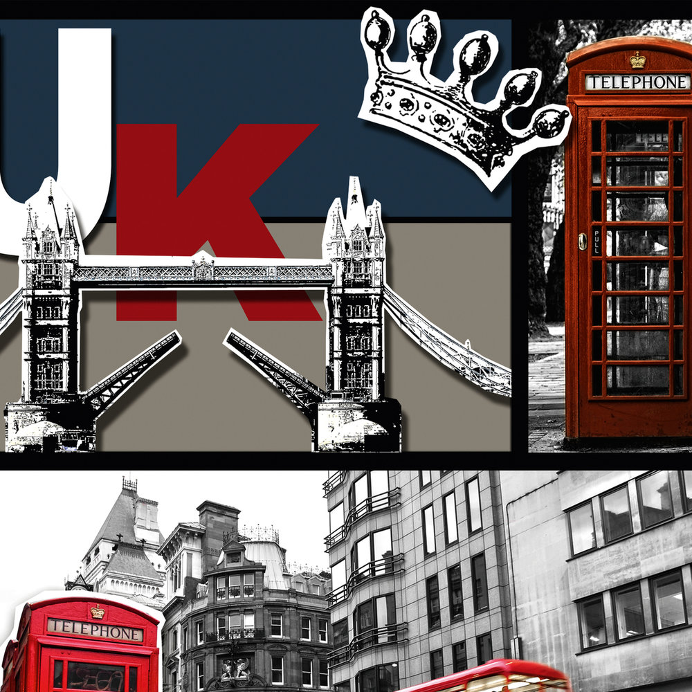             London behang met stadsprofiel en bezienswaardigheden - zwart, rood, kleurrijk
        
