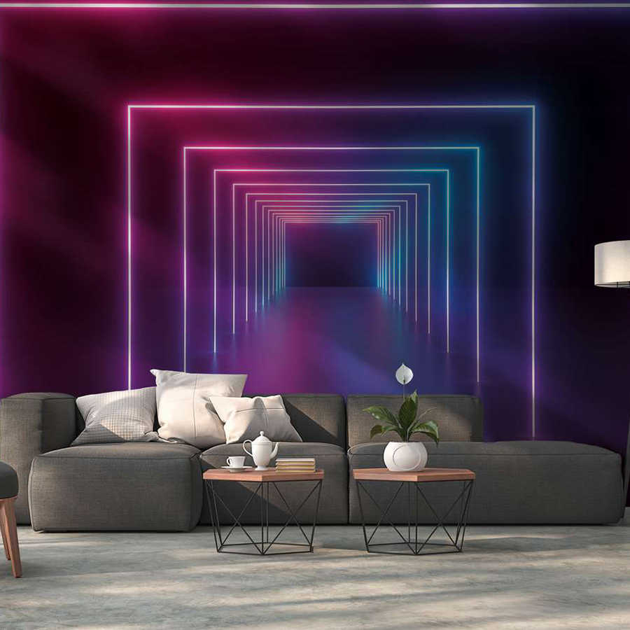 Papier peint panoramique Salle avec long couloir Couleurs LED - Violet, bleu, néon
