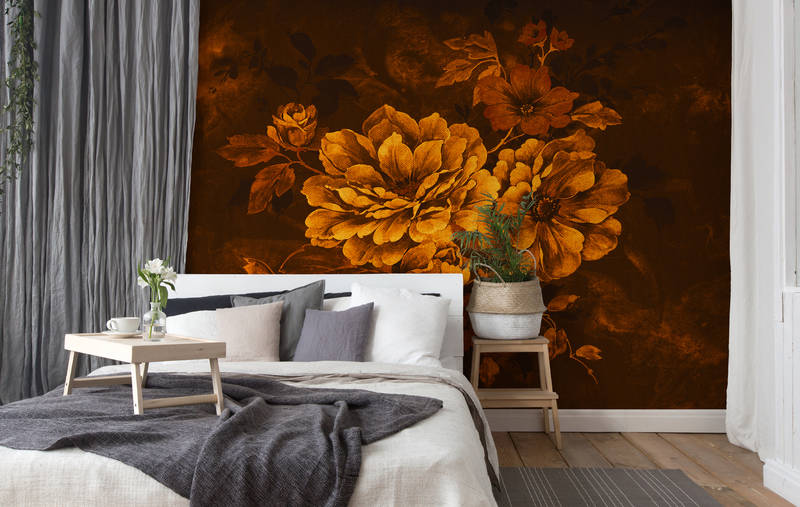             Papel pintado de flores estilo pintura al óleo, diseño vintage - naranja, negro, amarillo
        