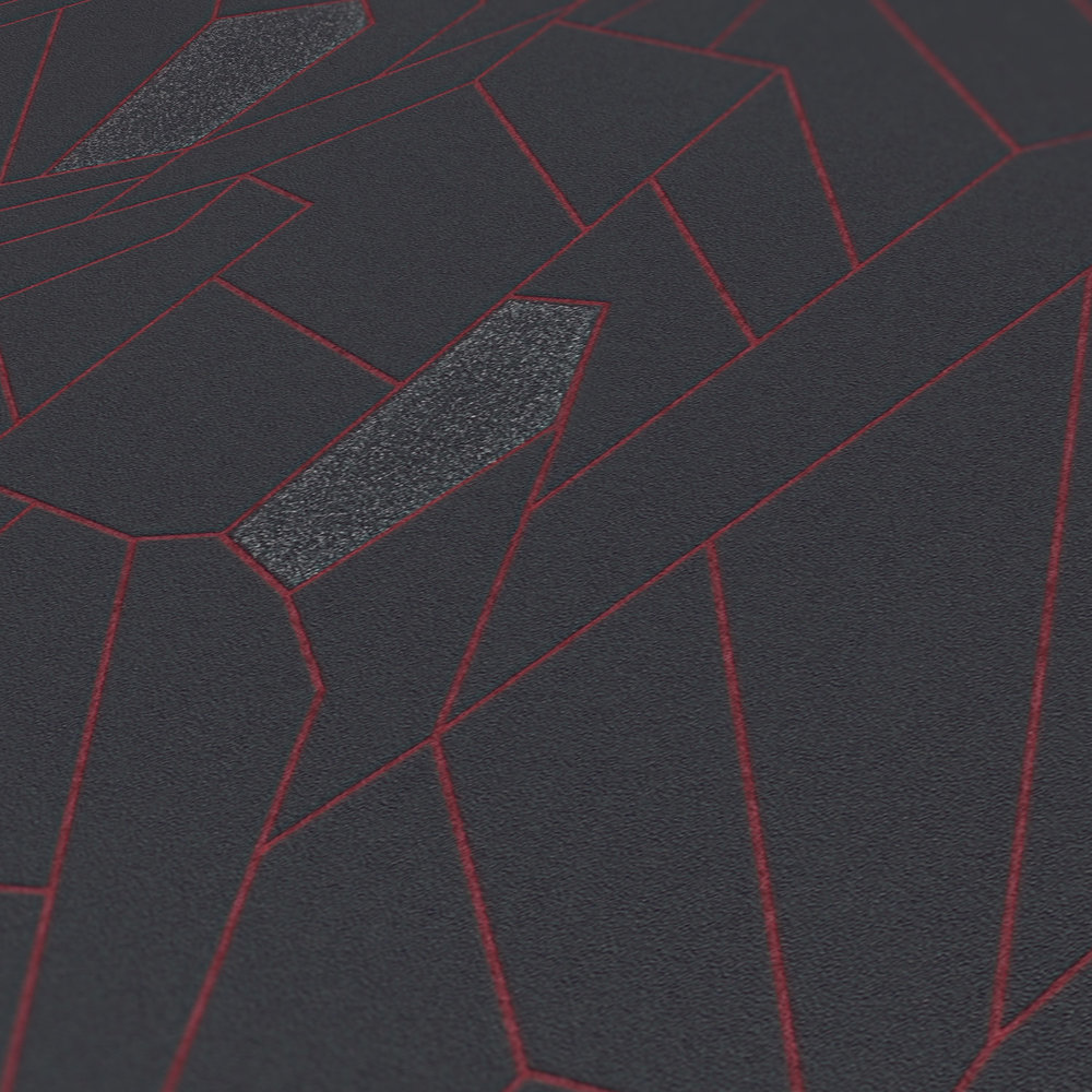             Wallpaper line pattern, metallic & gloss effect - anthracite, grey, red
        