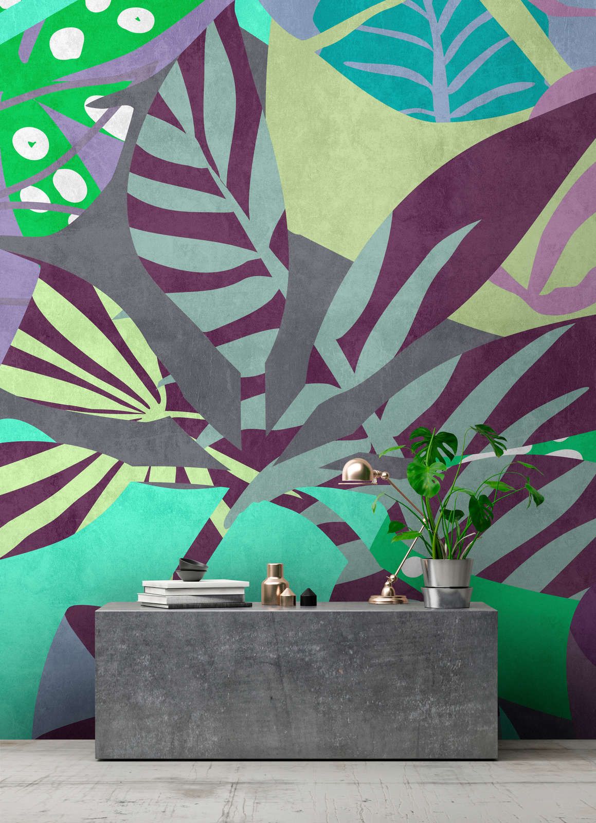             Photo wallpaper »anais 2« - Abstract leaves on concrete plaster texture - Purple, Green | Smooth, slightly shiny premium non-woven fabric
        