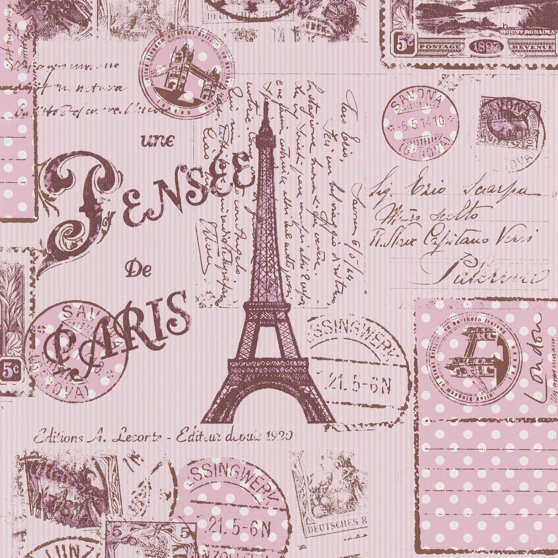         Striped paper wallpaper Paris in vintage look - pink, purple
    
