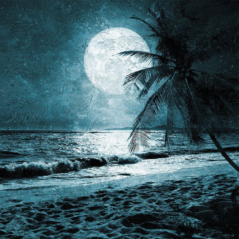         Beach mural with palm trees & sea at night - blue, white, black
    