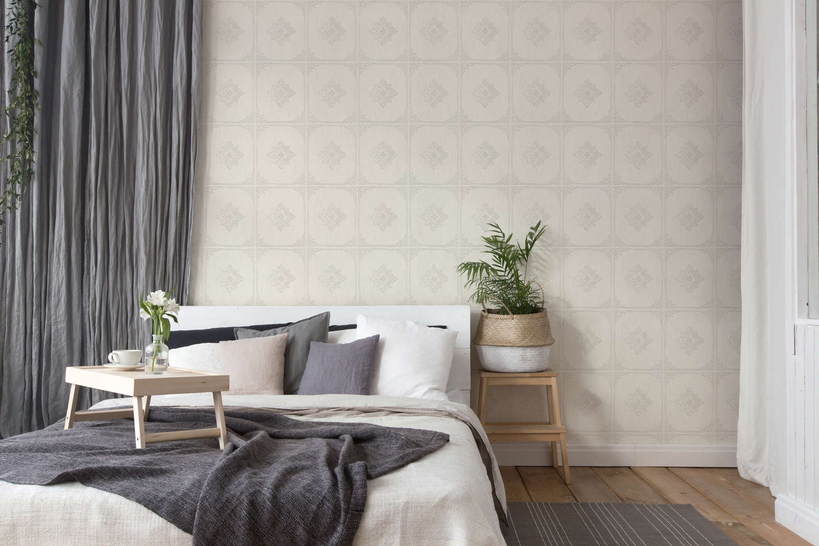             wallpaper vintage stucco design with ornament coffers - cream, grey
        