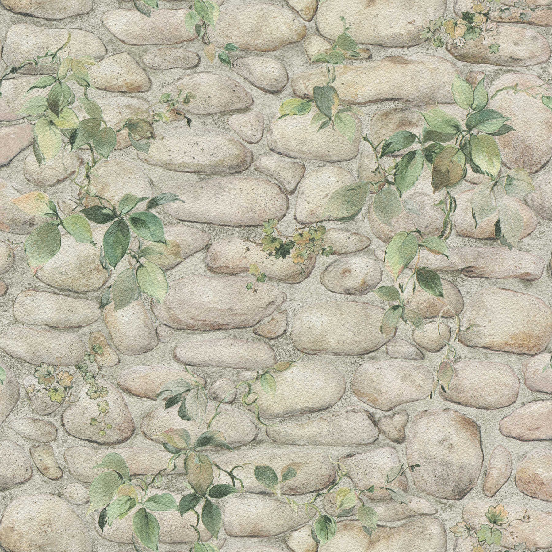 Stone wallpaper natural stone wall & plants - green, grey
