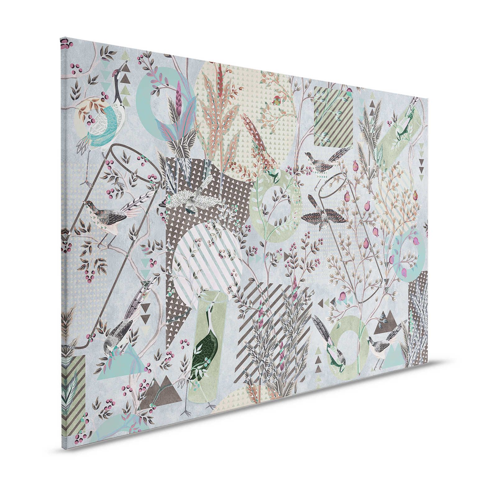 Birds Playground 2 - Quadro su tela con uccelli Collage e motivi misti - 1,20 m x 0,80 m
