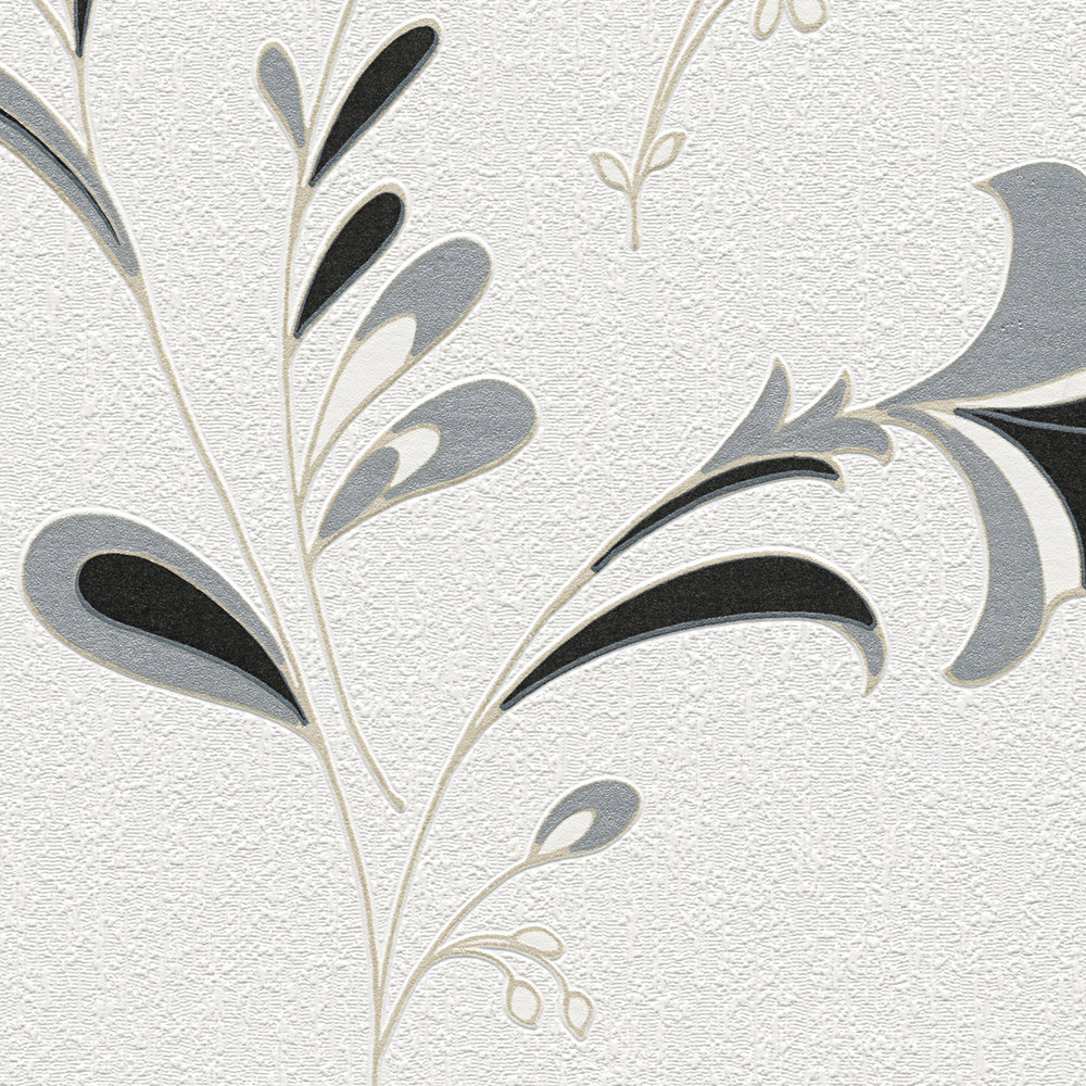             Carta da parati con motivo floreale, accenti argentati e motivo strutturato - nero, bianco, argento
        