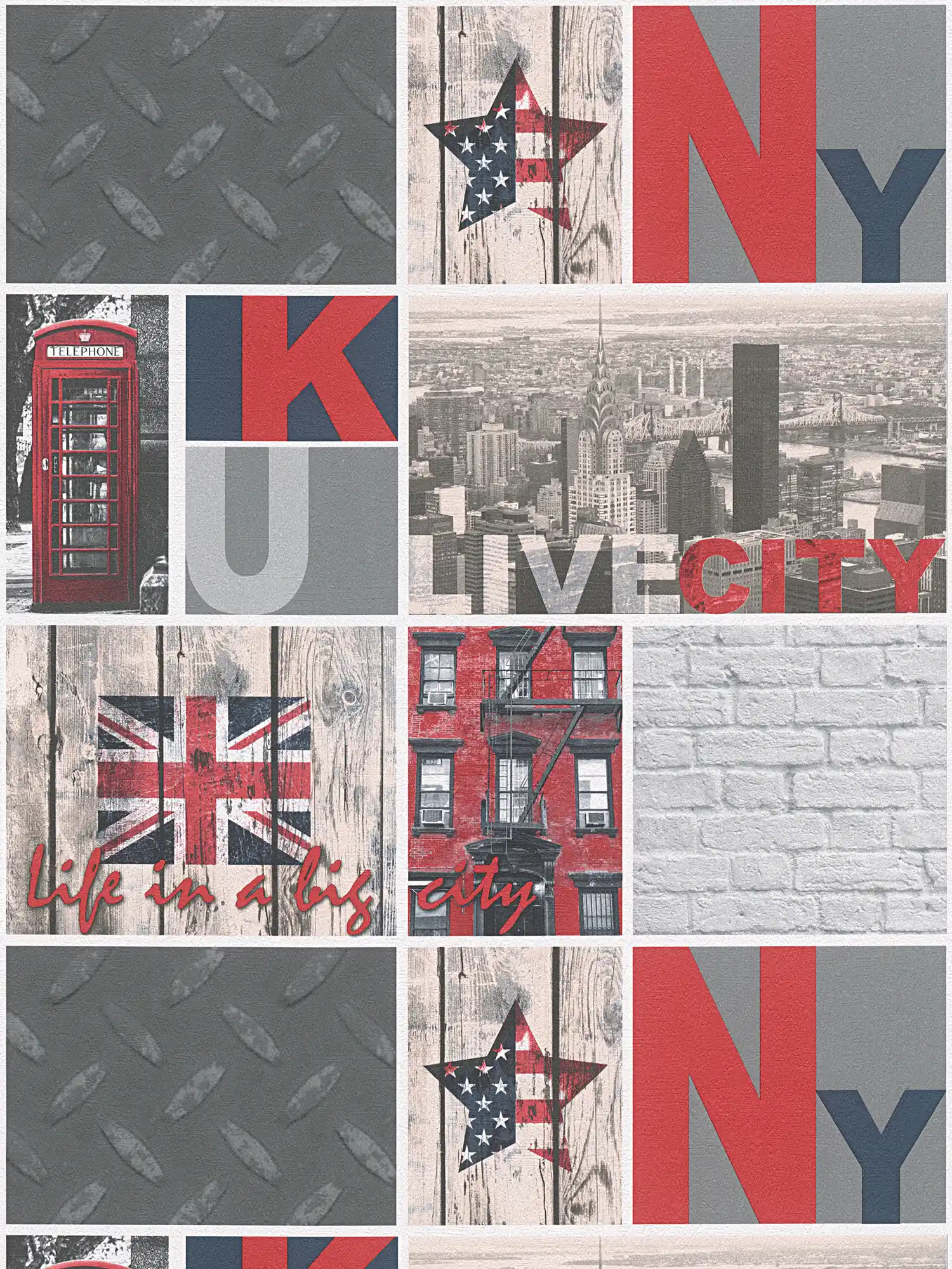 Papier peint motif ville, urbain & industriel pour chambre d'adolescent - multicolore, gris
