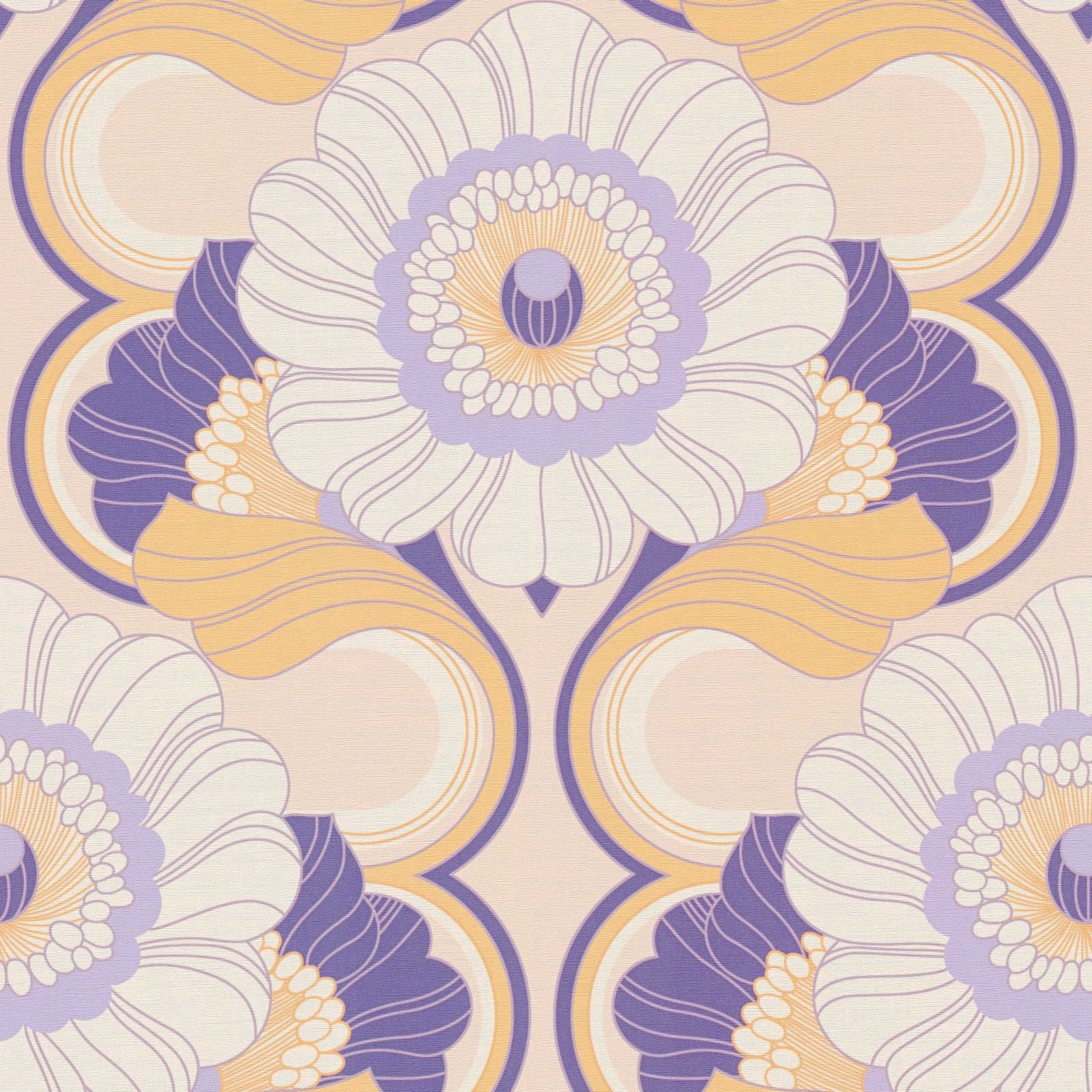 Retro wallpaper with floral pattern - beige, yellow, purple
