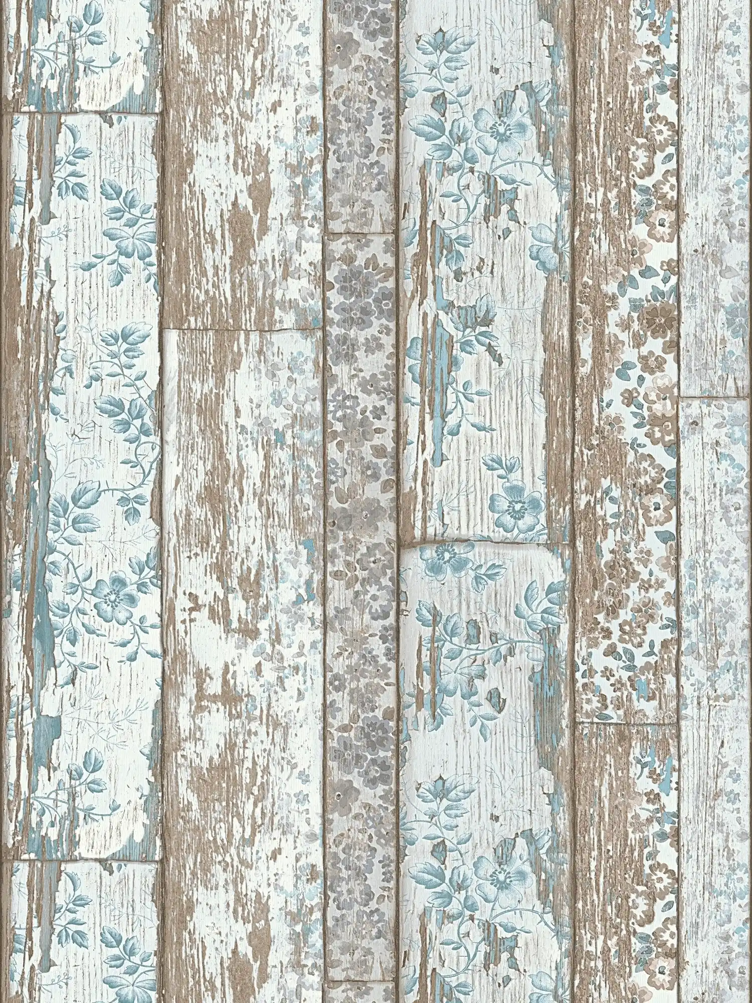 Papier peint rustique imitation planche avec imprimé floral vintage - bleu, marron, gris
