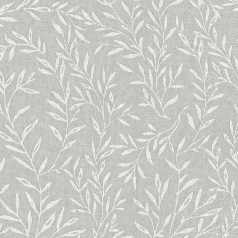             Papel pintado con zarcillos de hojas en estilo campestre - gris, blanco
        