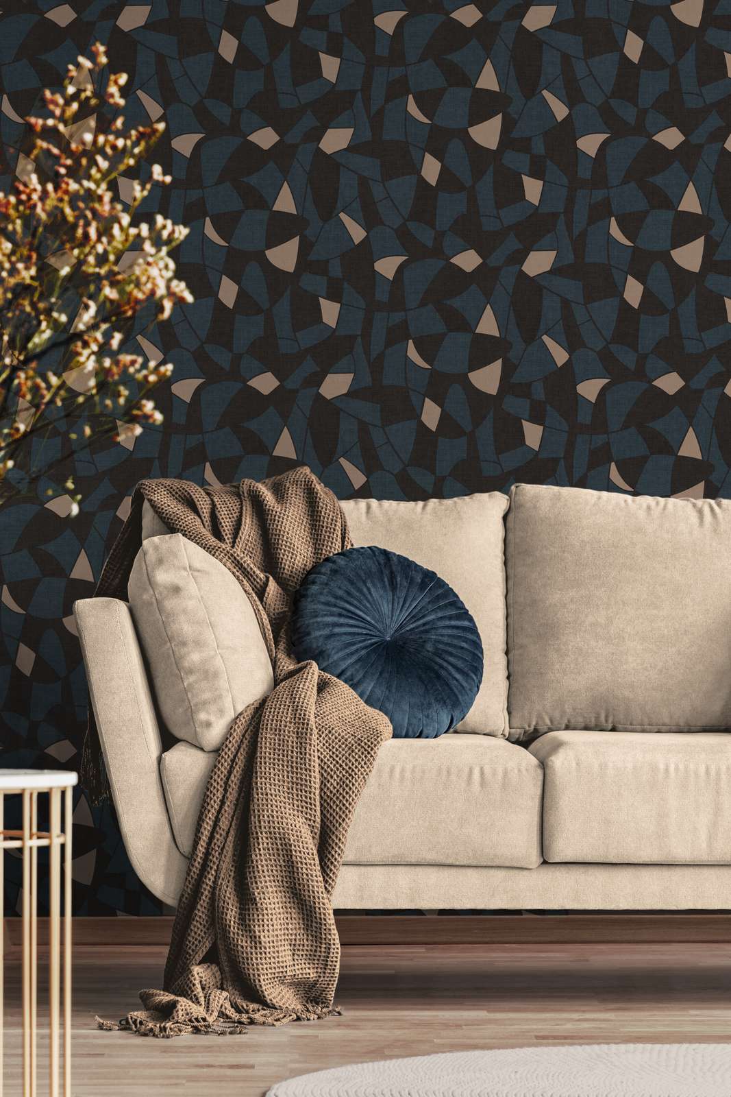             Non-woven wallpaper in dark colours in an abstract pattern - black, blue, beige
        