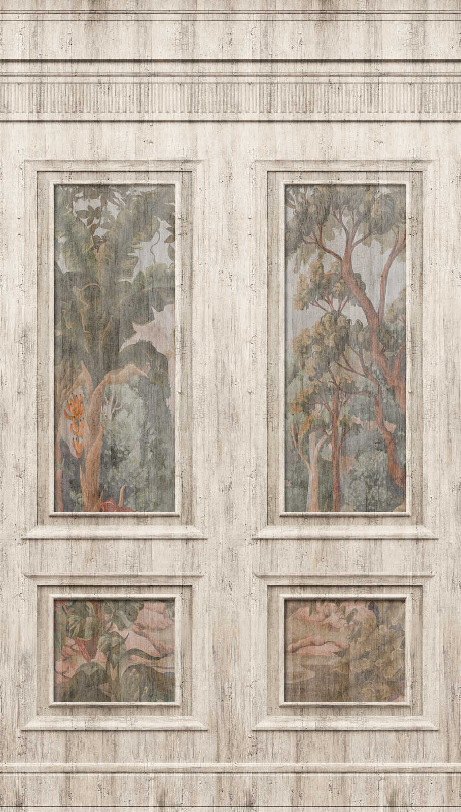             Papel pintado no tejido con motivo de damero y bosque de aspecto vintage - gris, beige
        