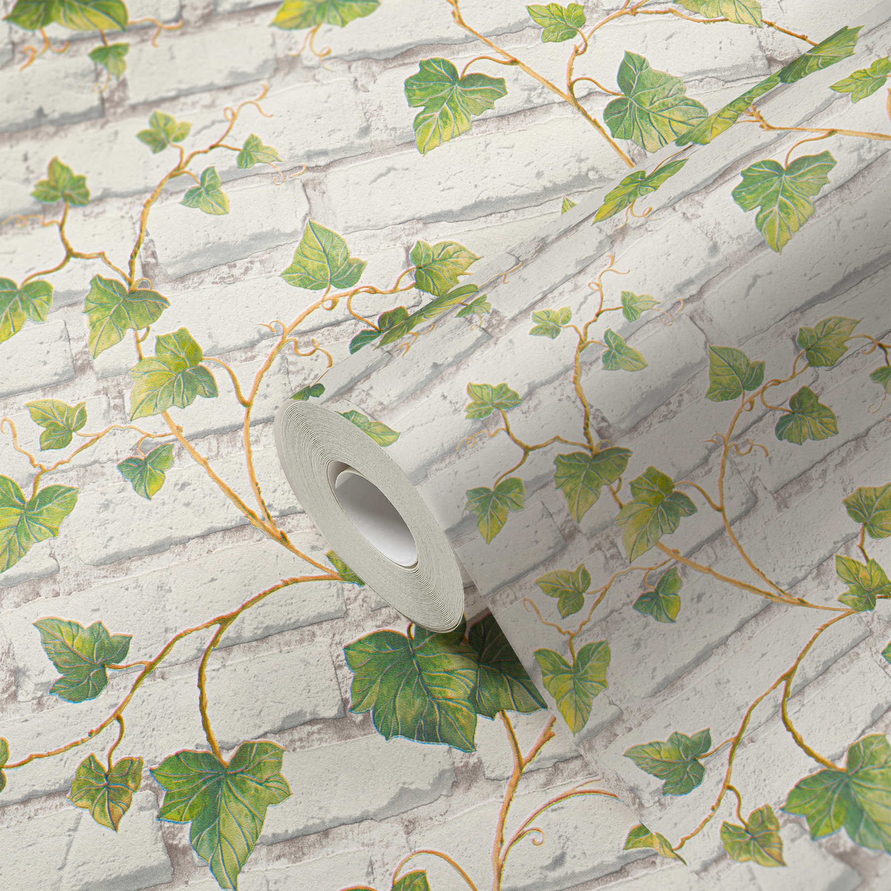             Motif wallpaper with white brick wall and ivy vines - green, white, brown
        