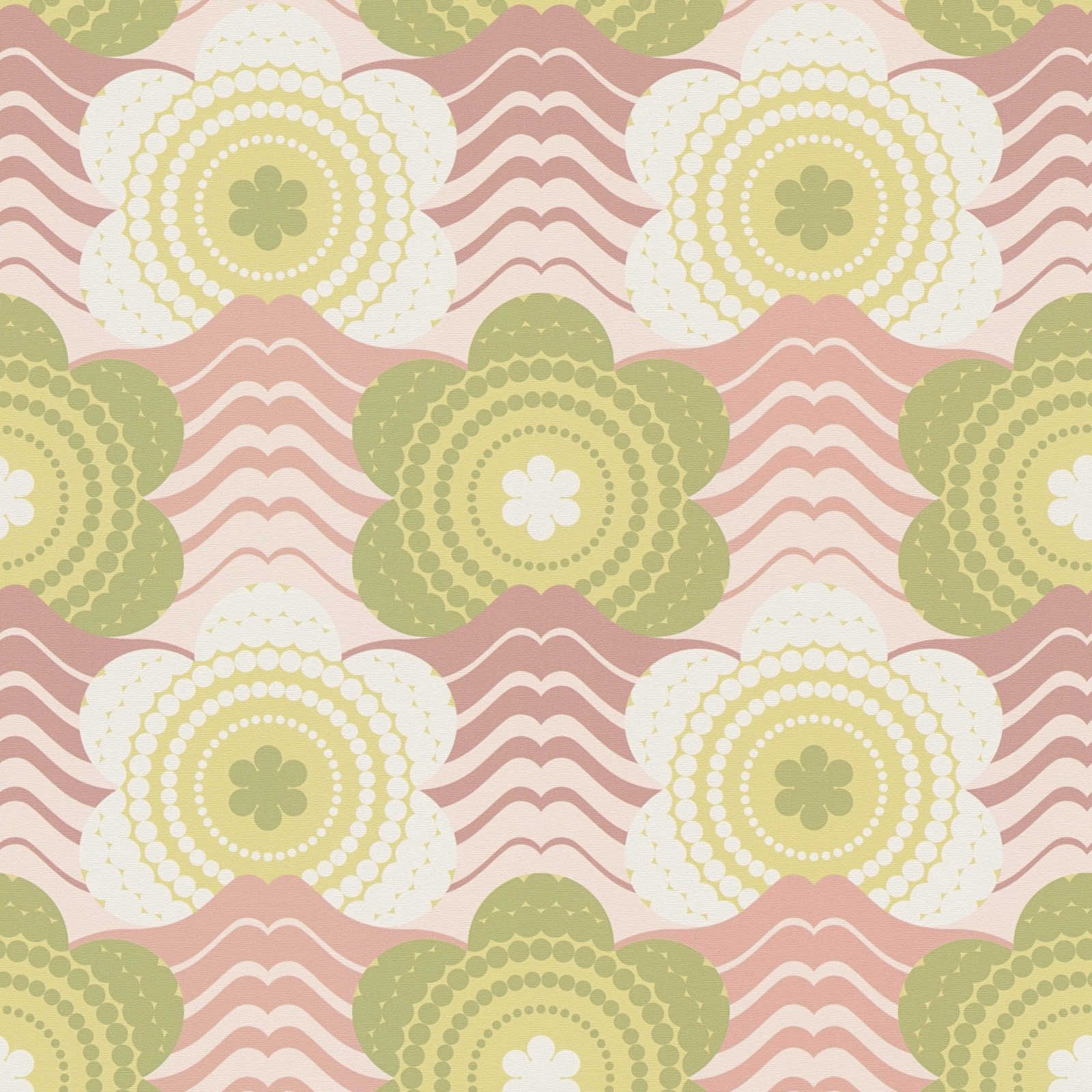             Retro style waves and flowers pattern on lightly textured wallpaper - pink, green, cream
        