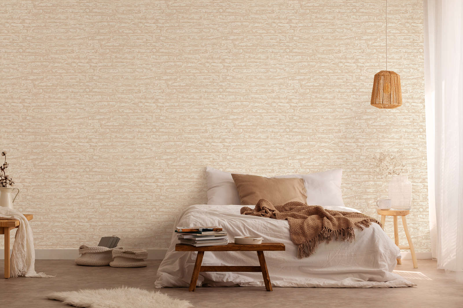             Non-woven wallpaper with abstract plaster pattern matt - beige, white
        