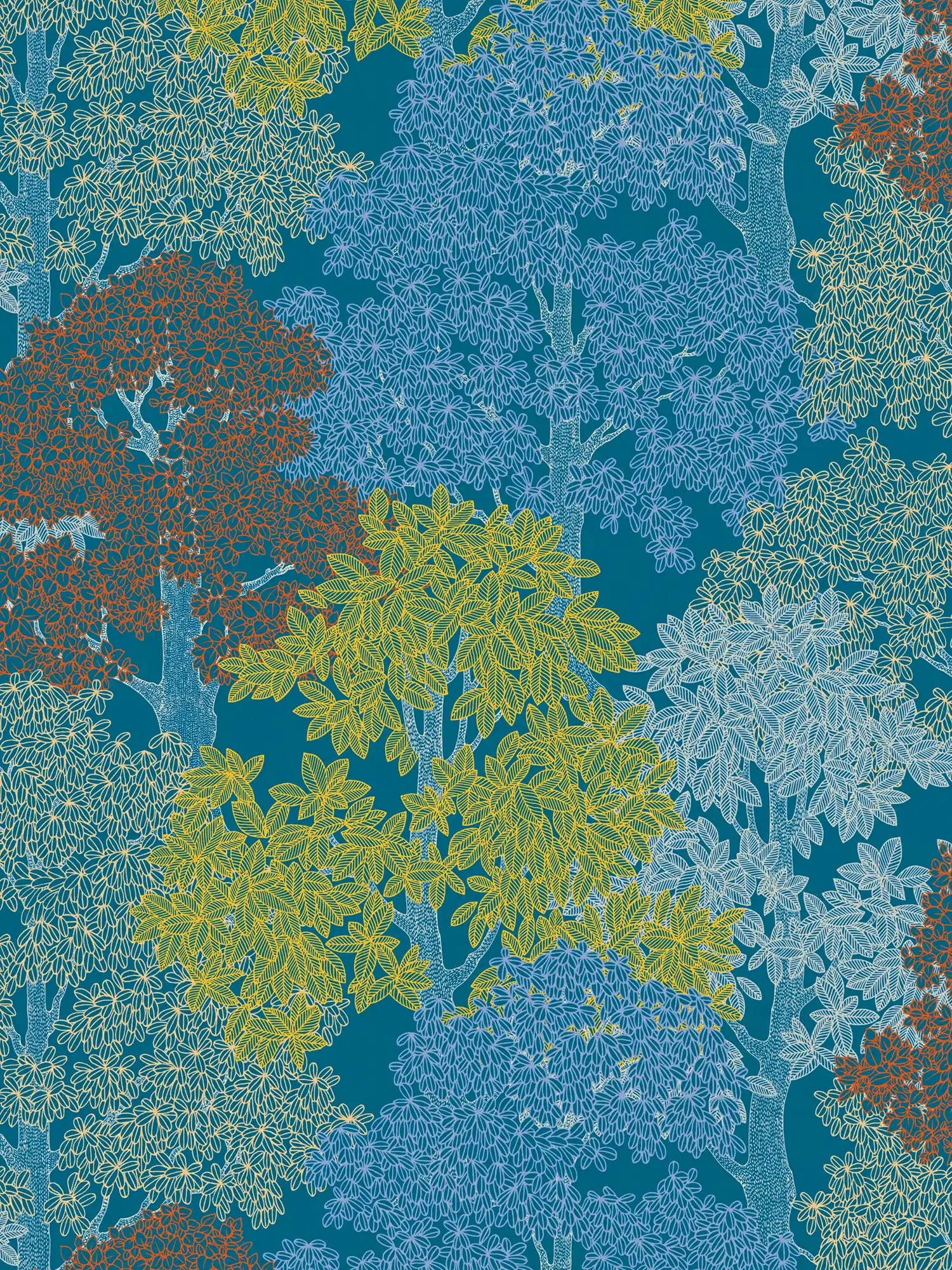 Papel pintado de estilo escandinavo con diseño de árboles - azul, amarillo, rojo
