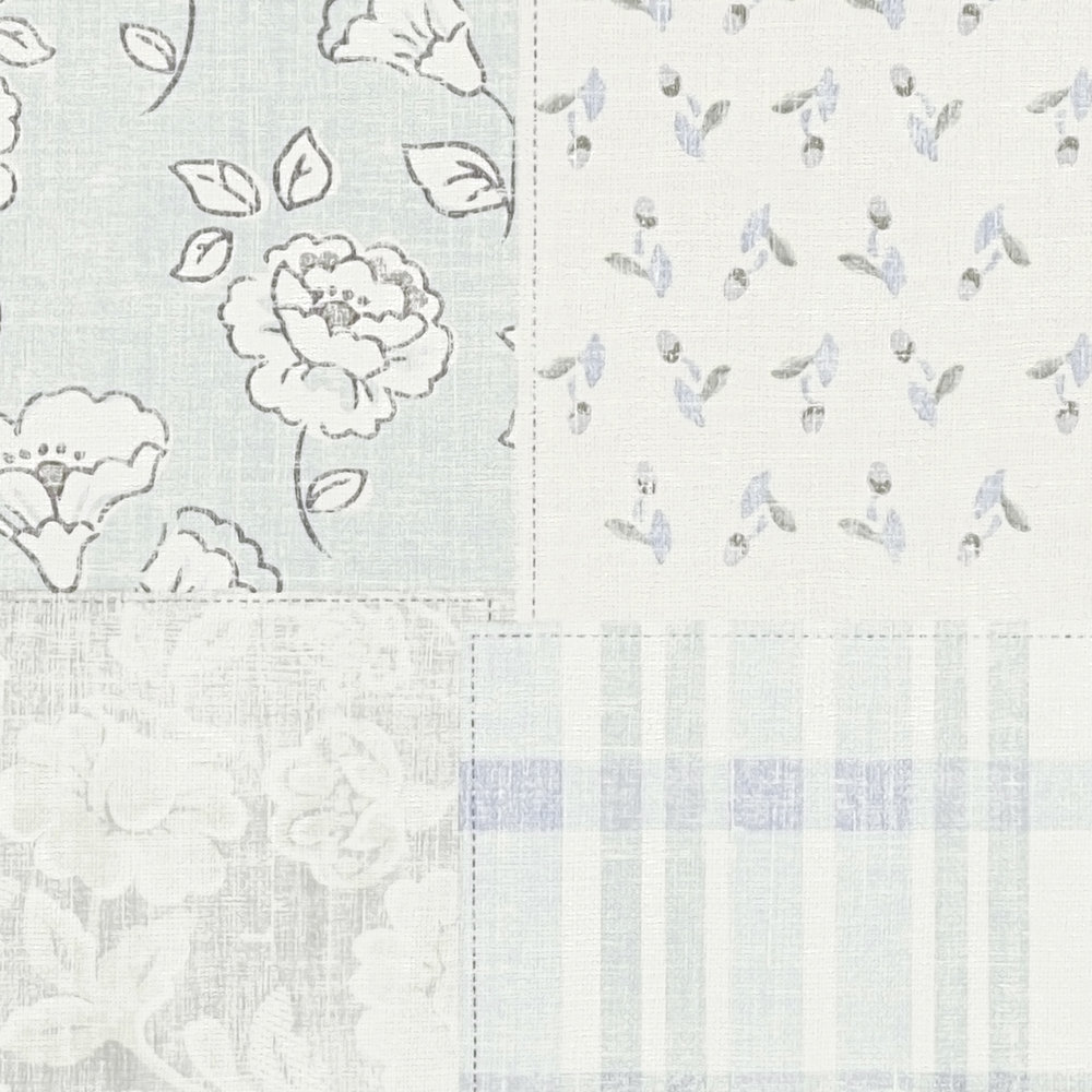            Papel pintado no tejido con motivos florales y a cuadros de estilo campestre - azul claro, gris, blanco
        