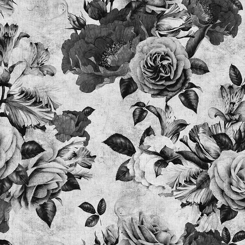 Spanish rose 1 - Rose wallpaper with black and white flowers in natural linen structure - grey, black | mother-of-pearl smooth fleece
