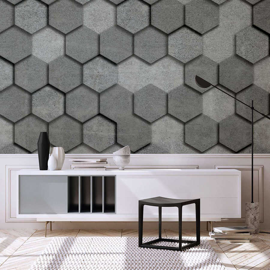Papier peint panoramique avec carreaux géométriques hexagonaux aspect 3D - gris, argenté
