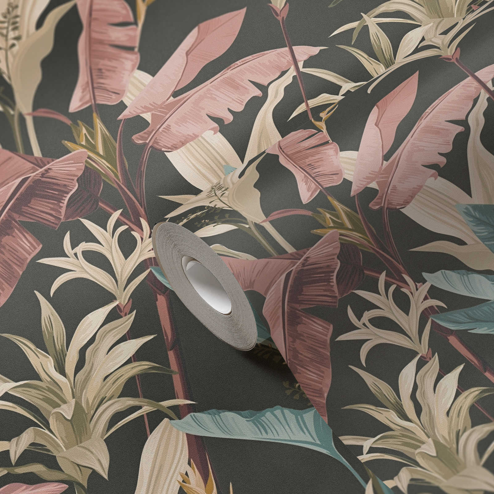             Papel pintado no tejido con un detallado diseño de hojas florales - azul, rosa, marrón
        