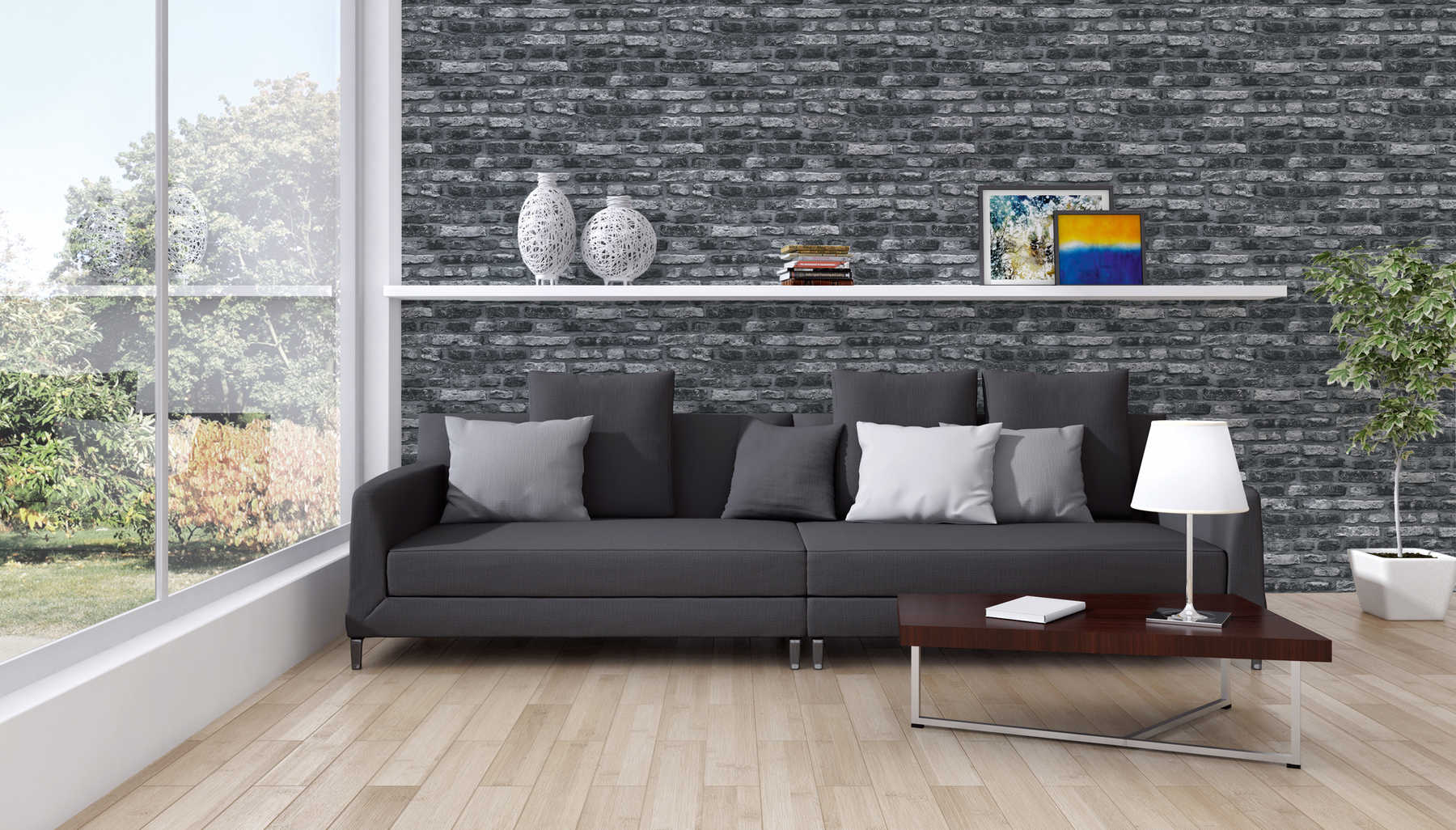             Non-woven wallpaper with stone optics, dark brick masonry - grey, black
        