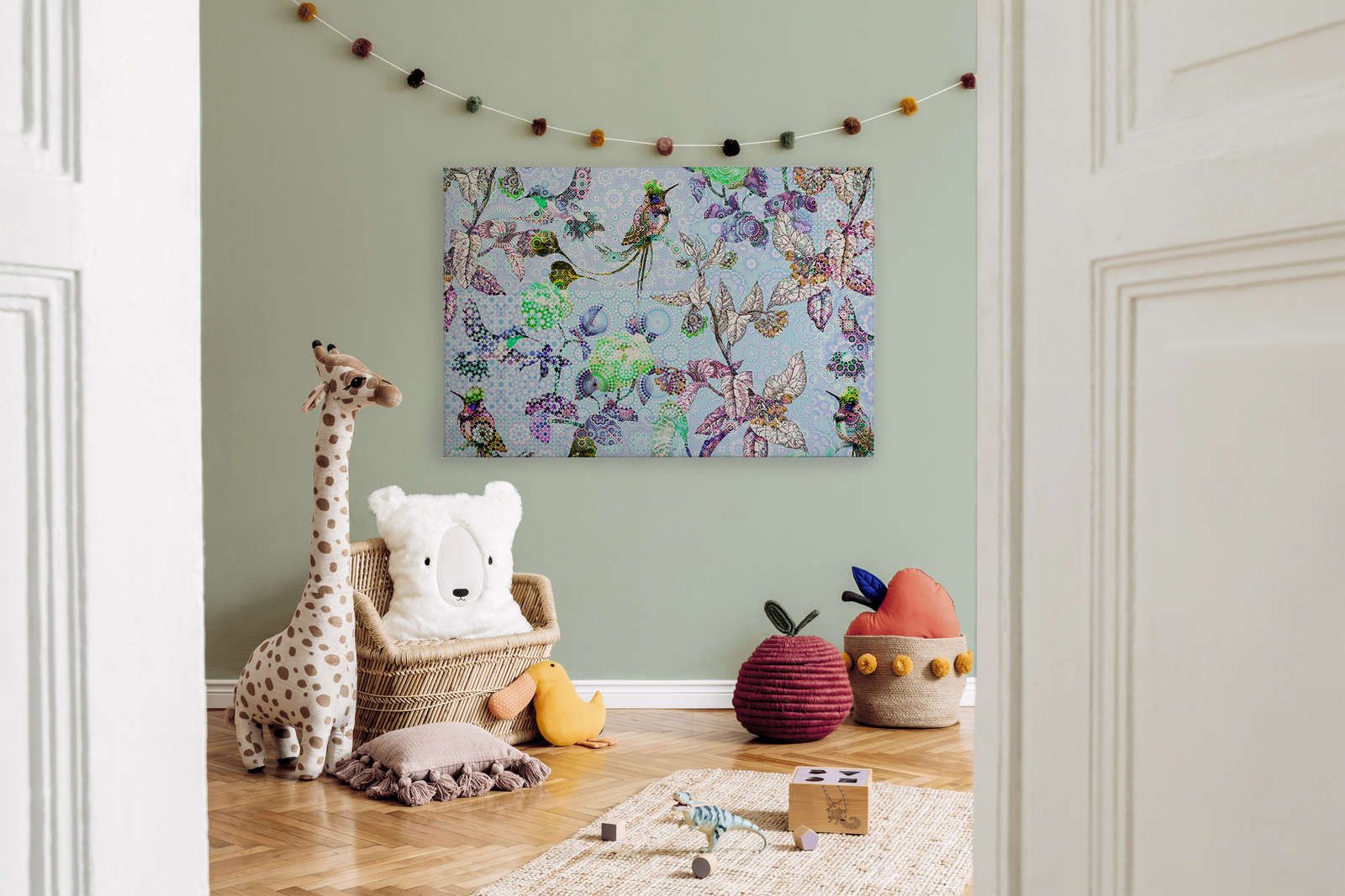             Canvas painting Flowers & Birds in Mosaic Style - 1.20 m x 0.80 m
        