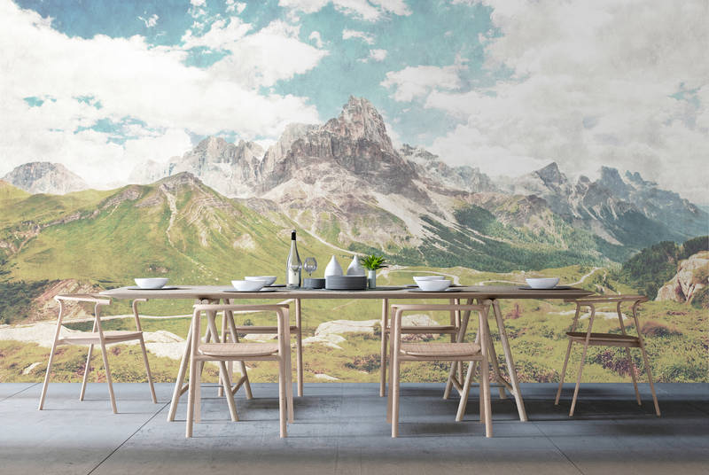             Dolomiti 2 - Fotomural Dolomitas fotografía retro en estructura de papel secante - Azul, Verde | Vellón liso Premium
        