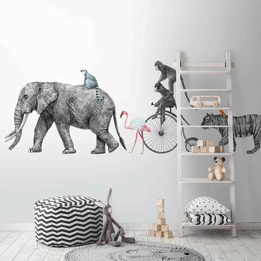 Nursery motif with animals in a row - black, white, colourful
