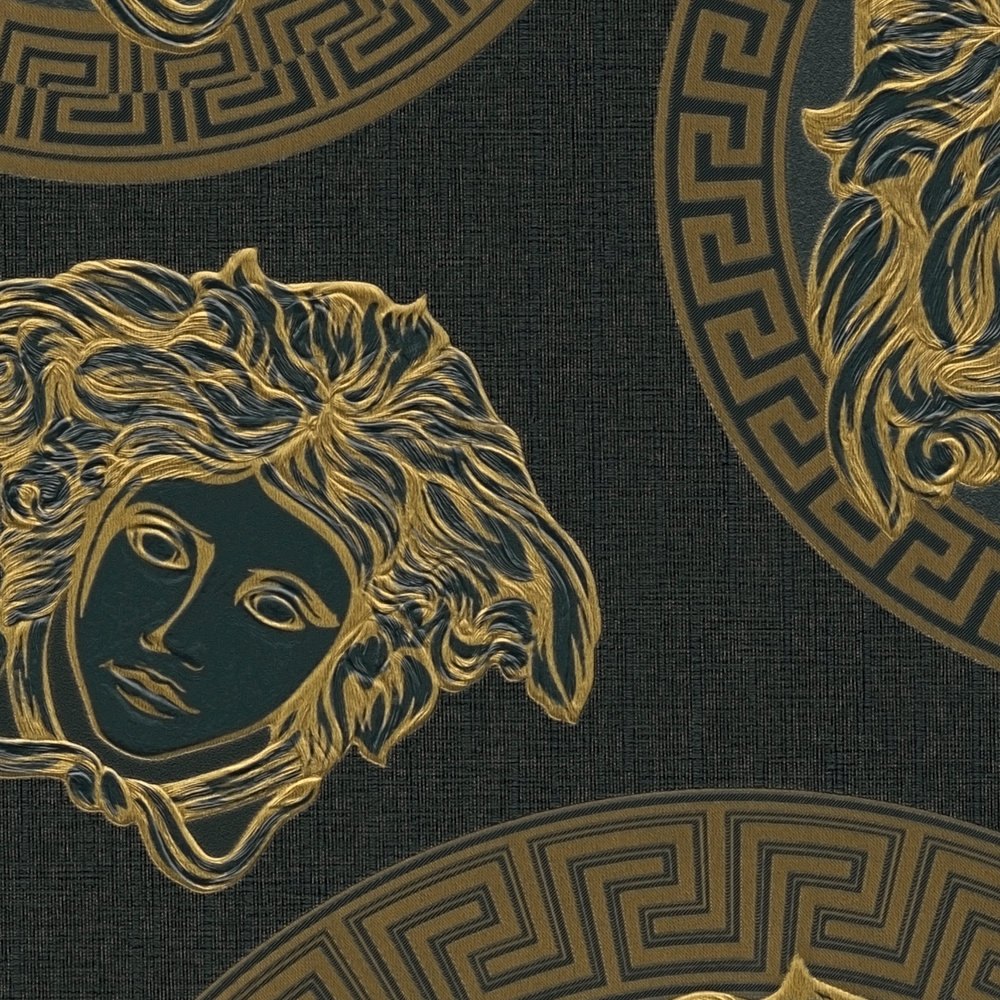             VERSACE Papier peint noir et or avec motif Medusa
        