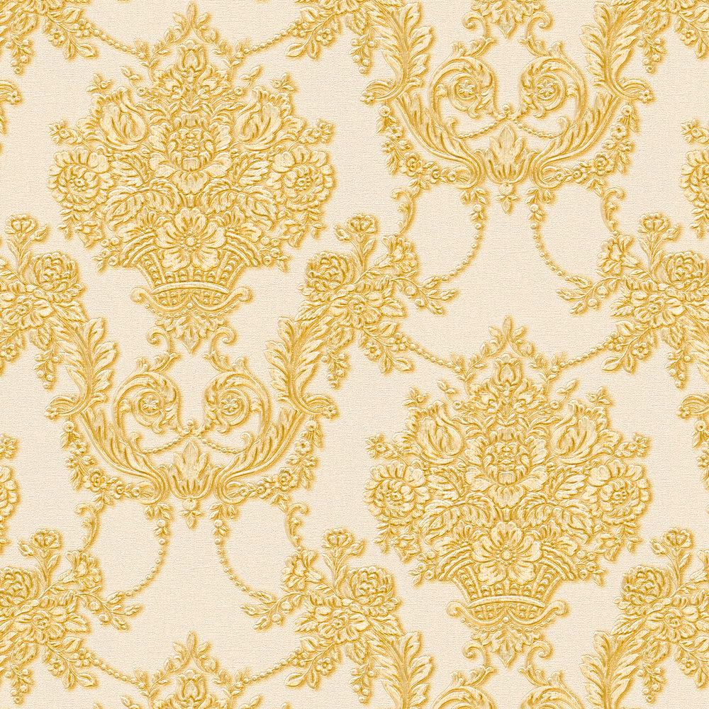             Gouden barok behang met bloemmotief - crème, metallic
        