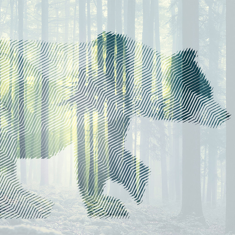         Photo wallpaper forest with bear & graphic design - green, white, yellow
    