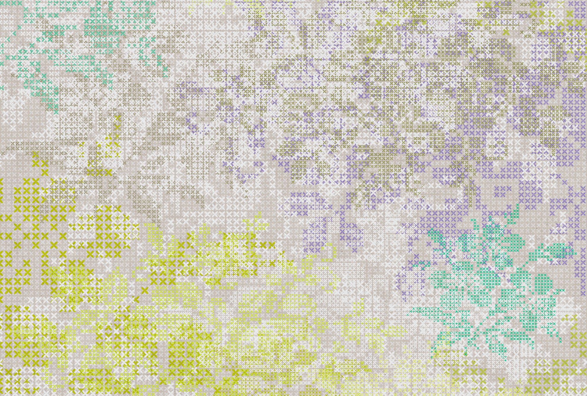             Flowers mural with pixel pattern - colourful, grey
        