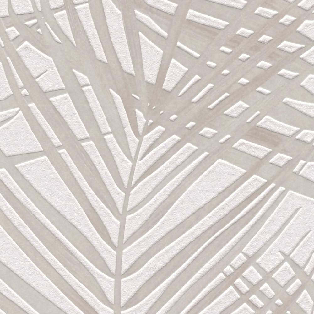             Patroonbehang met palmbladeren in mat - wit, crème
        