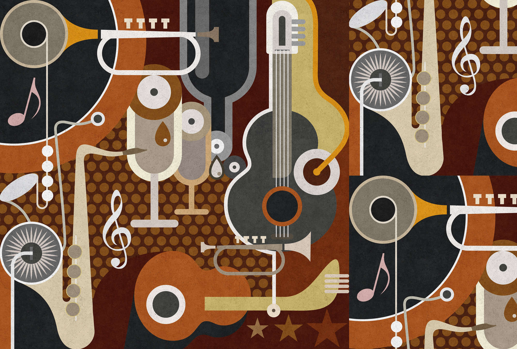             Wall of sound 1 - Wallpaper in concrete structure, abstract musical instruments - Beige, Brown | Pearl smooth non-woven
        