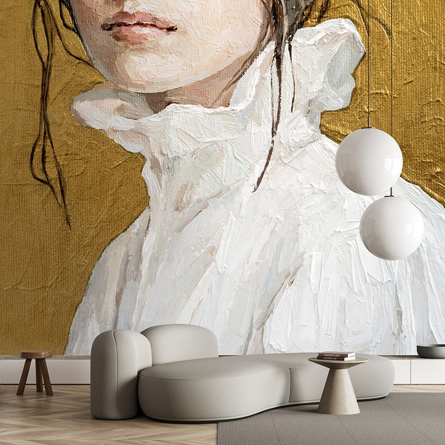 Digital behang »golda« - Gedeeltelijk vrouwenportret - kunstwerk met linnenstructuur | Glad, licht glanzend premium vliesmateriaal
