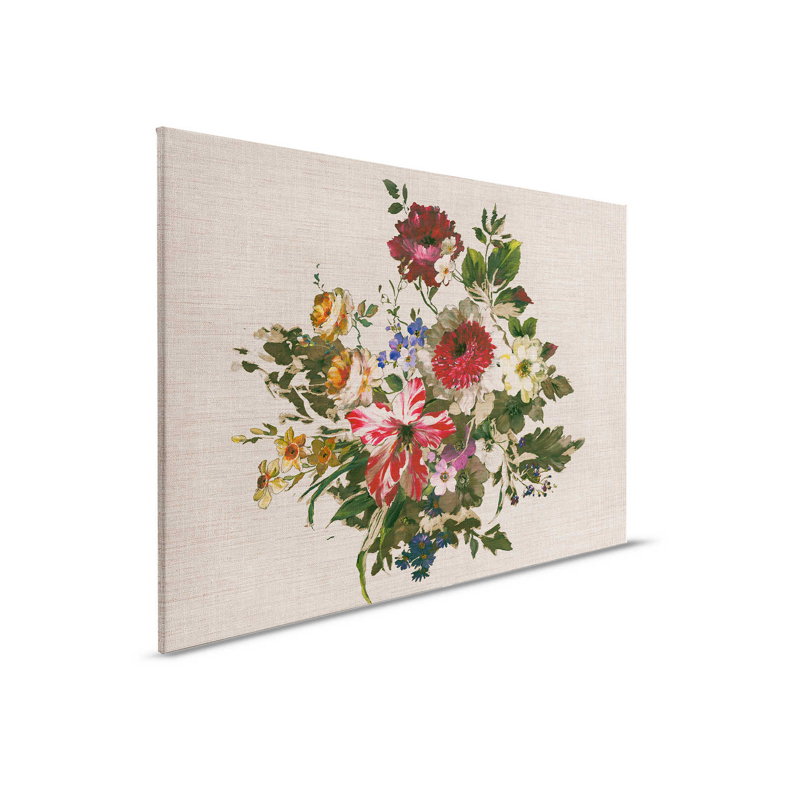 Tableau toile fleurs peintes style vintage & aspect lin - 0,90 m x 0,60 m

