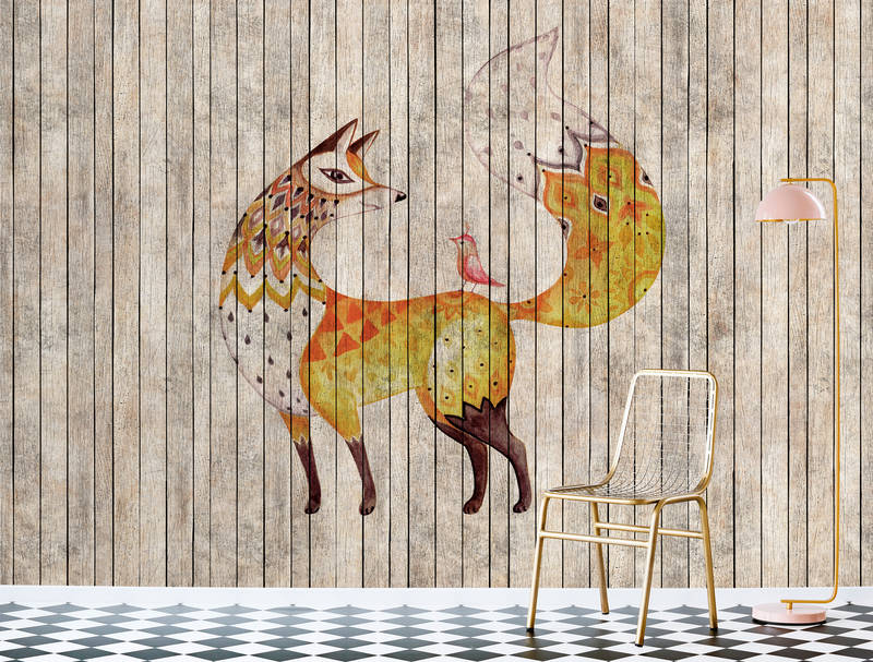             Fairy tale 2 - Fox and Bird on Wood Optic Wallpaper - Beige, Brown | Textured non-woven
        