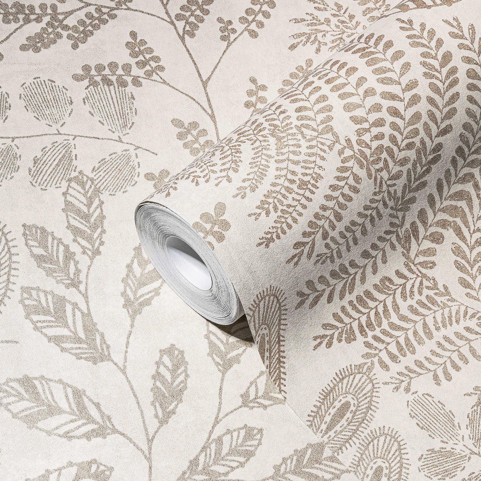             Wallpaper leaves design in boho style - beige, metallic
        
