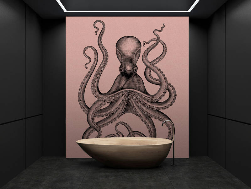             Jules 1 - Digital behang met octopus in tekening & retro stijl in kartonnen structuur - Roze, Zwart | Strukturen vlieseline
        