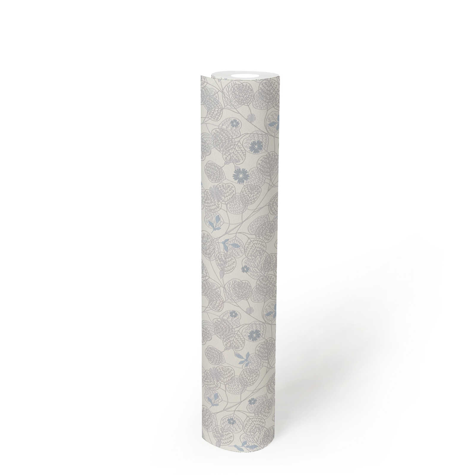            Floral wallpaper with subtle flowers & leaves - white, grey, blue
        