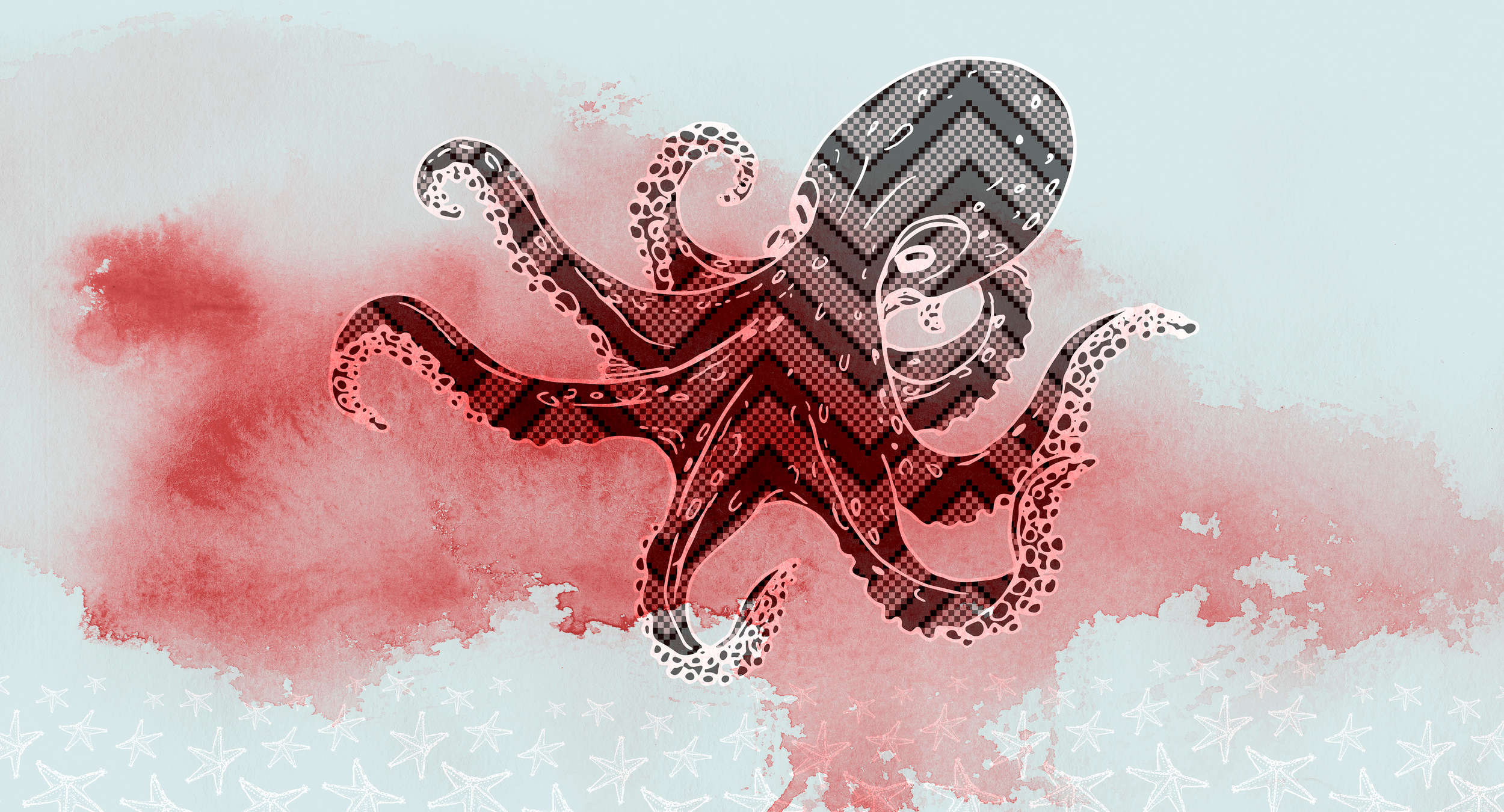             Octopus Muurschildering Grafisch Ontwerp & Zeesterren - Rood, Blauw, Wit
        