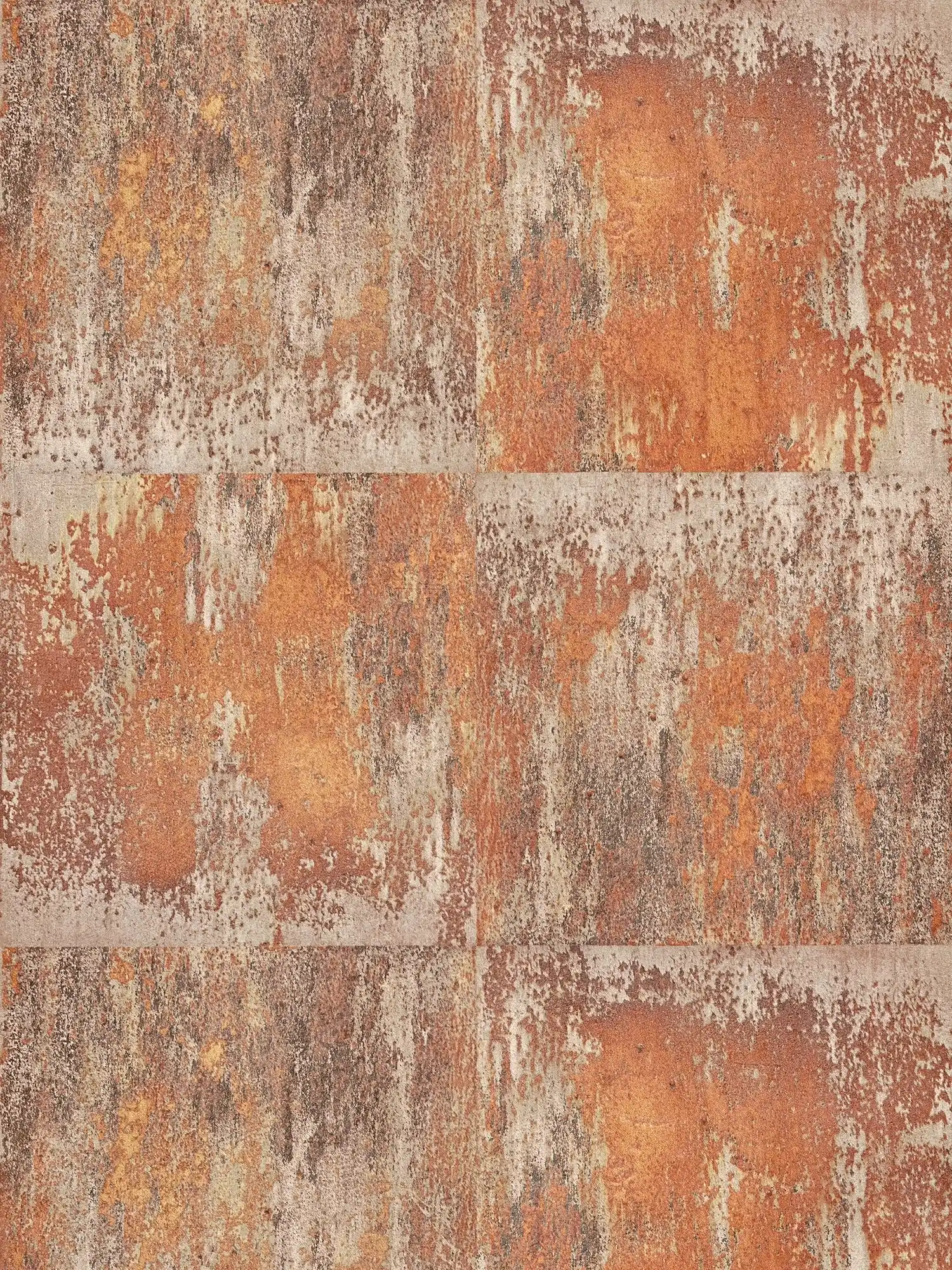 Papel pintado no tejido de diseño patinado con efectos de óxido y cobre - naranja, marrón, cobre
