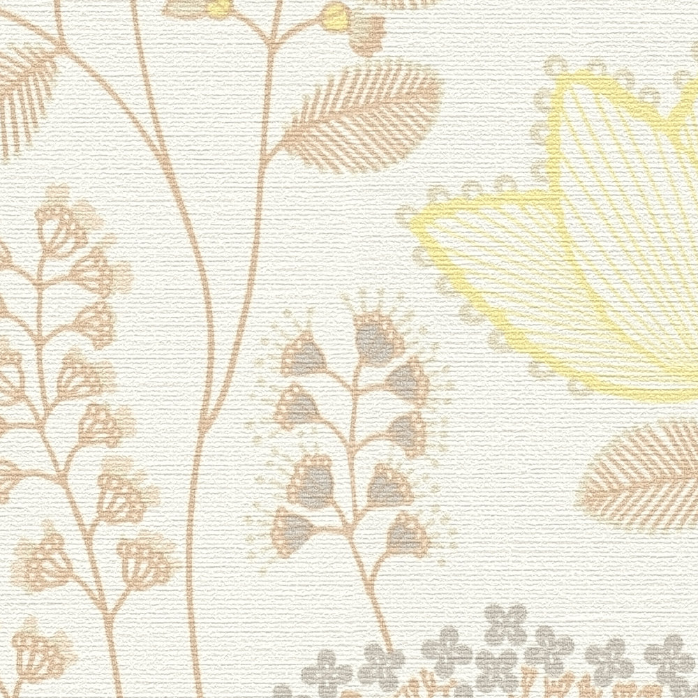             Papel pintado floral con hojas en estilo retro ligeramente texturizado, mate - blanco, naranja, amarillo
        