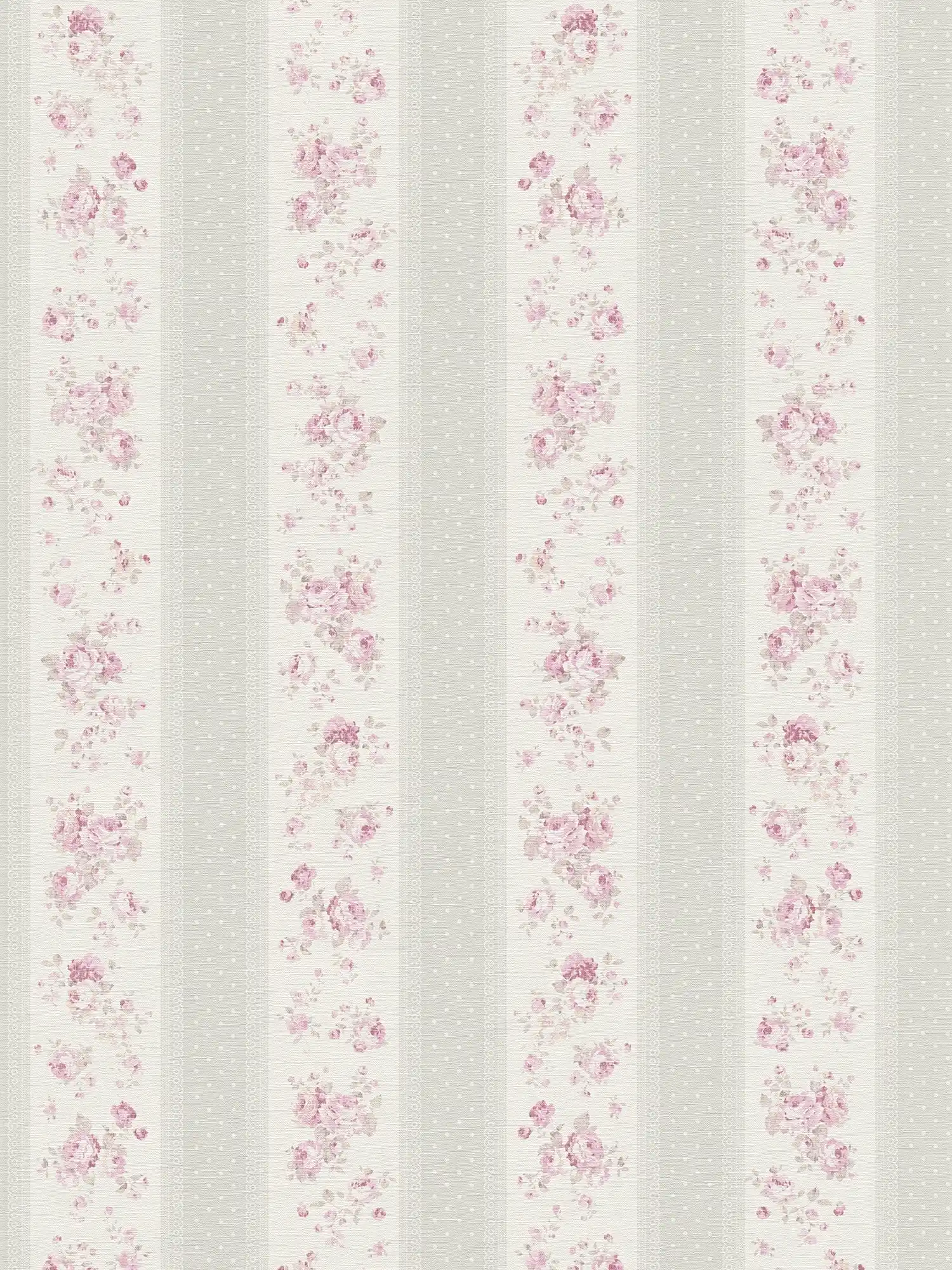 Striped wallpaper with flowers and dot pattern - grey, white, pink
